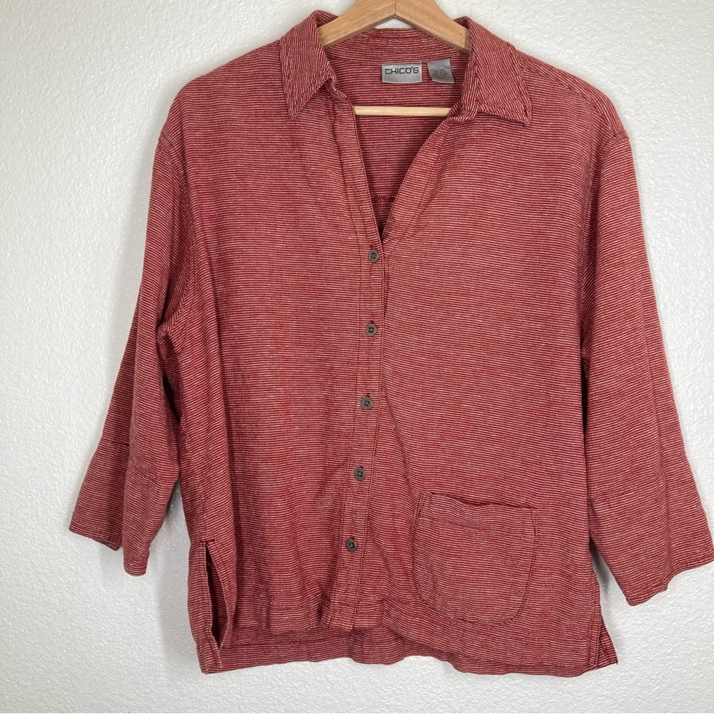 Chicos Women's Linen Shirt Red White Striped Button Down  3/4 Sleeve Size 1 - Picture 2 of 12